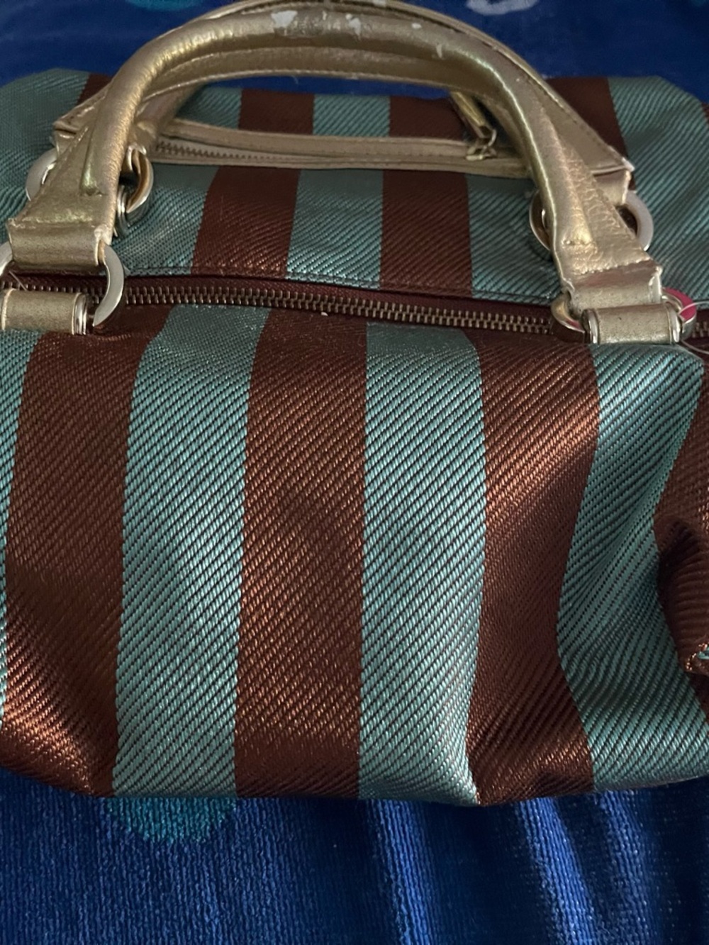 Striped Mini Satchel Bag in Brown and Light Teal with Gold Handles